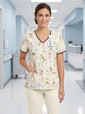 Disney "Sweet Bambi" Scrub Top Women's Large Cream Floral V-Neck Medical